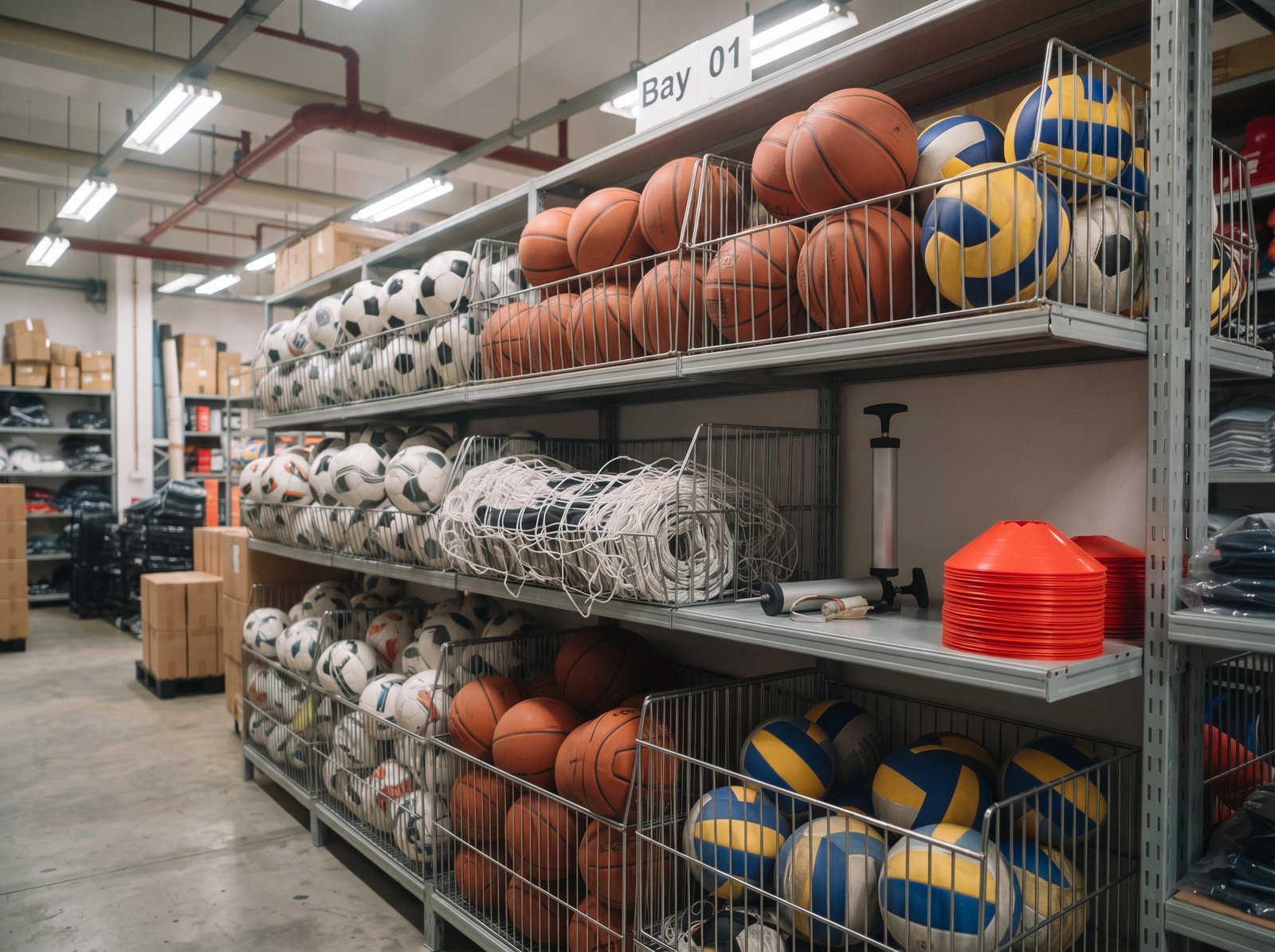 Footballs, basketballs and goal nets stocked in a Singapore sports warehouse