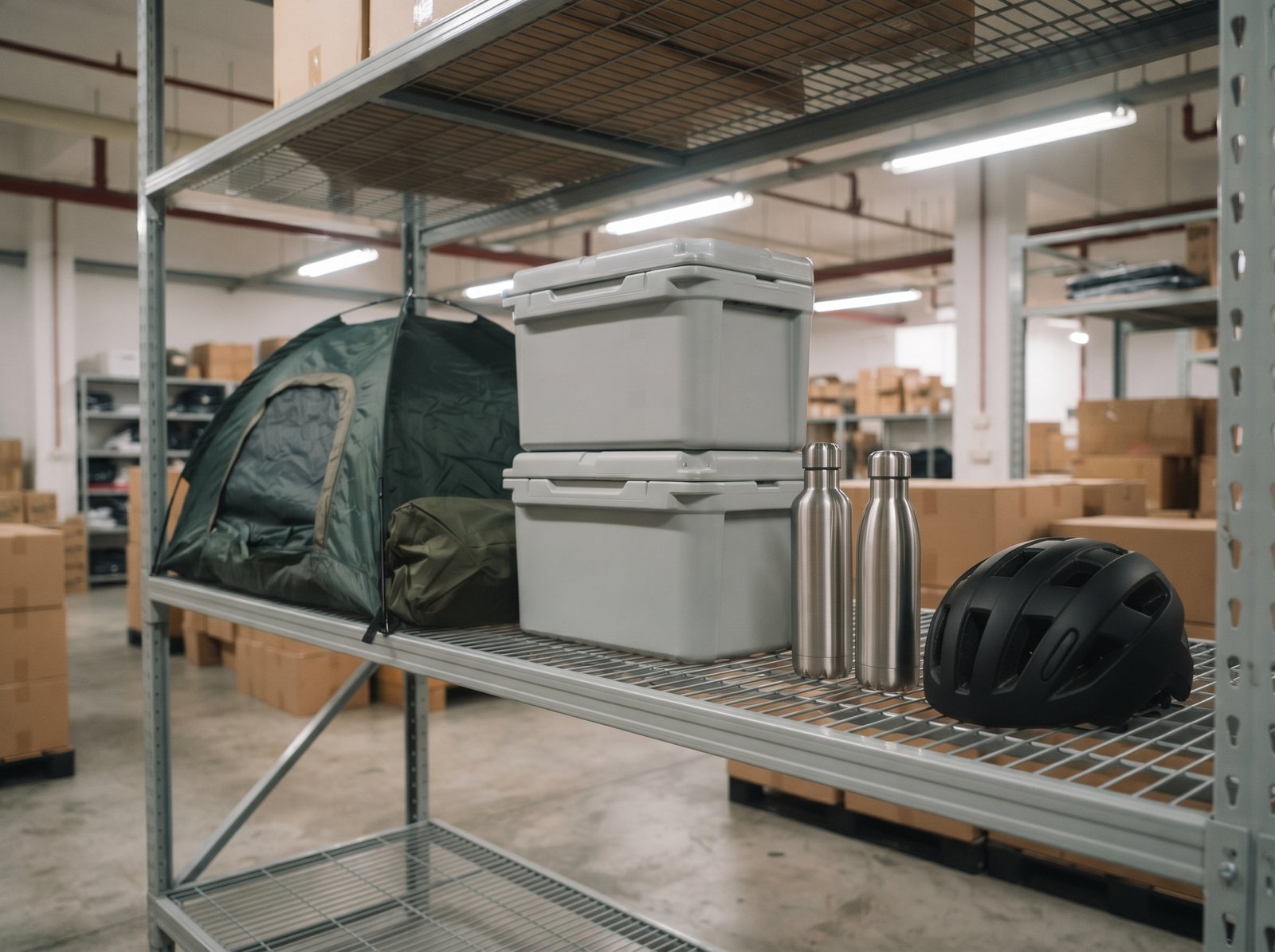 Camping tents and cooler boxes stocked in a Singapore outdoor equipment warehouse