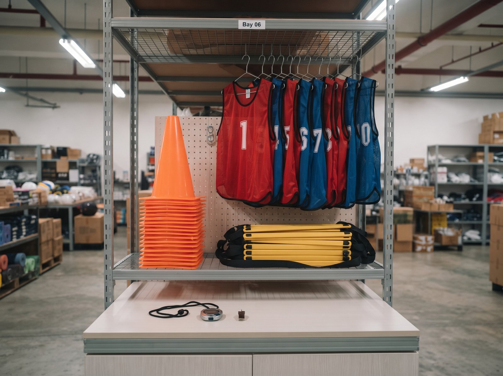 Training cones, team bibs and stopwatches arranged in a Singapore school supplies warehouse